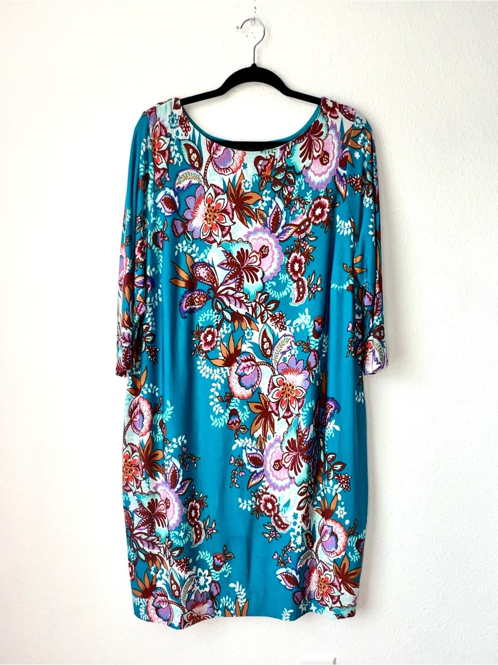 Bob Mackie Wearable Art Floral Dress Size 1X Blue Teal Paisley 3/4 Sleeve